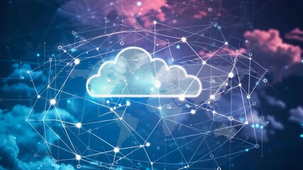 Digital cloud on in neon lights. Serverless technology on hybrid cloud network with modern digital infrastructure equipment. Concept Serverless Technology, Digital Infrastructure, web storage - Powered by Adobe