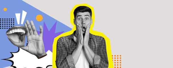 A dynamic collection features a surprised young man with hands on his face, colorful graphics surrounding him.