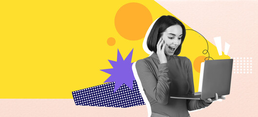 A joyful person is engaged in a conversation while using a laptop. Bright colors and shapes surround the subject, creating a lively atmosphere. The scene radiates enthusiasm and creativity.