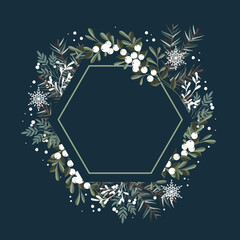 Winter frame. Green pine twigs and white berries. Vector illustration. Nature design greeting card template. Winter holidays.