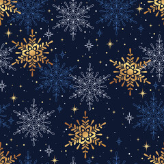 Golden, white, blue snowflakes in blue seamless pattern. Luxury New year background. Vector illustration