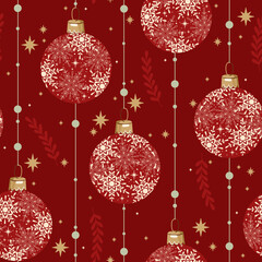 Christmas red pattern with christmas balls. Snowflakes, stars. Background for wrapping paper, fabric print, greeting cards.
