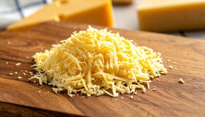 Shredded Yellow Cheese and Assorted Blocks on Rustic Wooden Cutting Board with Peppercorns for Culinary Photography Recipe Inspiration and Gourmet Food Styling in Warm Kitchen Setting