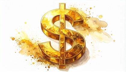 Golden Dollar Sign with Glowing Particles and Energy Burst on White Background Symbolizing Wealth Financial Power Prosperity and Economic Success for Business Branding Investment and Money Concepts