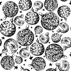 Seamless pattern with Christmas balls on a white background. Vector illustration hand made. Suitable for wallpaper, wrapping paper, fabric, textiles