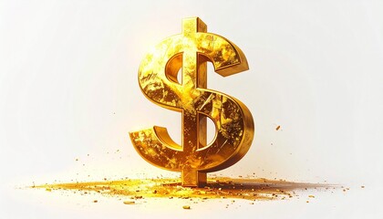Golden Dollar Sign with Glowing Particles and Energy Burst on White Background Symbolizing Wealth Financial Power Prosperity and Economic Success for Business Branding Investment and Money Concepts
