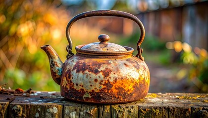 Rusted Metal Teapot on Wooden Surface with Autumn Garden Background Symbolizing Vintage Decay and Passage of Time for Artistic Photography Rustic Decor and Nostalgic Outdoor Visual Concepts