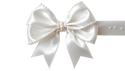  White Silk Wedding-Style Bow with Micro Pearl Edges – Transparent Background PNG