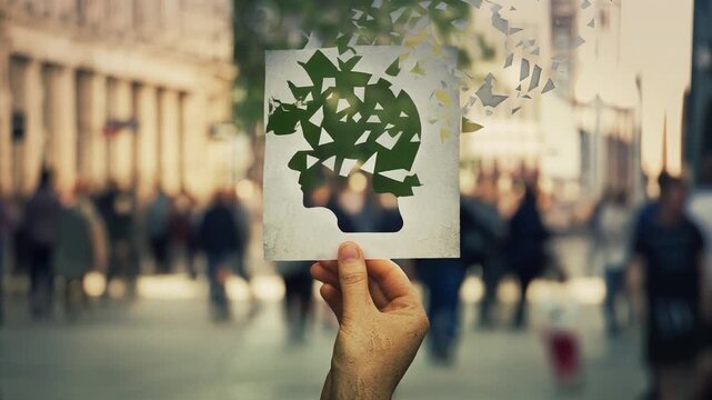 Hand holding a paper sheet with human head icon broken into pieces over a crowded street background. Concept of memory loss and dementia disease. Alzheimer s losing brain and memory function 