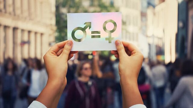 Gender equality concept as woman hands holding a white paper sheet with male and female symbol over a crowded city street background. Sex sign as a metaphor of social issue 