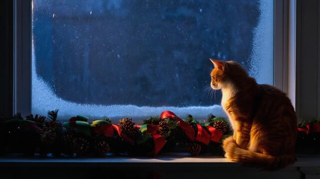 An elegant orange cat sits against a frost-kissed window. Outside, soft, large snowflakes are gently falling in a quiet Christmas night. Inside, beautifully lit and decorated garlands with pinecones