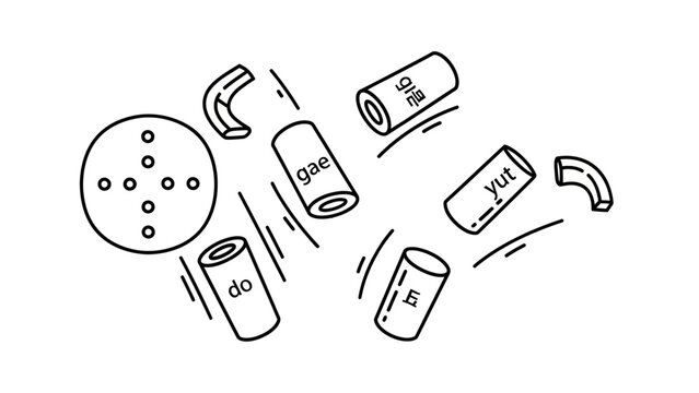 Hand-drawn illustration of Korean Yut Nori game pieces.