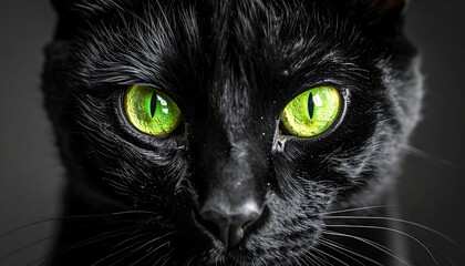 Intense gaze of a sleek black cat with piercing, bright green eyes against a dark, shadowy background