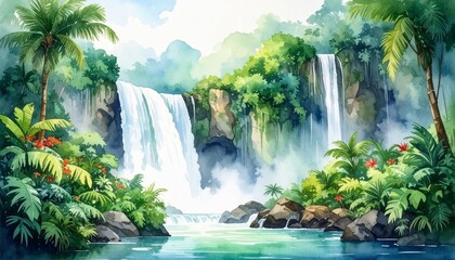 Tropical Waterfall Landscape with Palm Trees and Vibrant Flowers in Serene Jungle Setting for Nature Travel Wellness and Eco Tourism Inspiration Featuring Misty Cascades and Peaceful Natural Beauty