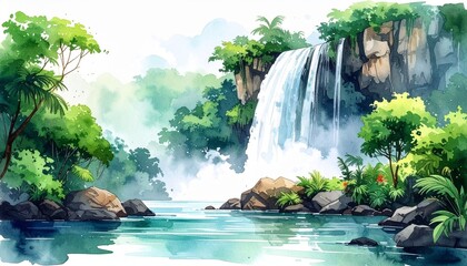 Tropical Waterfall Landscape with Palm Trees and Vibrant Flowers in Serene Jungle Setting for Nature Travel Wellness and Eco Tourism Inspiration Featuring Misty Cascades and Peaceful Natural Beauty
