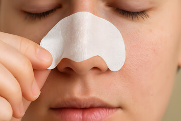 Close-up of a woman's face as she applies a white nose strip to her nose, with her eyes closed and a focused expression, showcasing a skincare routine for blackhead removal and facial care.