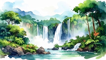 Tropical Waterfall Landscape with Palm Trees and Vibrant Flowers in Serene Jungle Setting for Nature Travel Wellness and Eco Tourism Inspiration Featuring Misty Cascades and Peaceful Natural Beauty