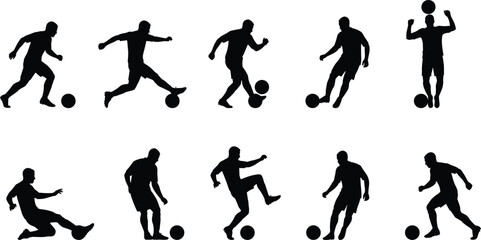 Collection of Soccer Player Silhouettes Vector Set, Football Athletes Kicking and Dribbling Action Poses, Black Graphics for Sports Logos and Team Tournament Posters, Dynamic Game.