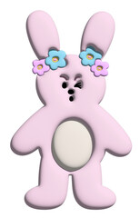 Illustration of happy bunny in 3D for model, merchandise, rabbit cartoon, character, comic, happy easter, emoji, mood, emotion, feeling, zoo, souvenir shop, pin, animal brooch, sticker, pet, label