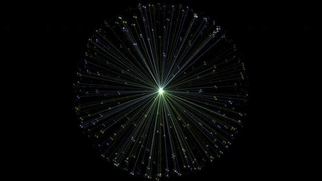 Radiating yellow-green light beams from center in abstract tech animation
