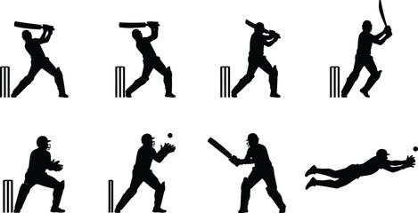 Cricket Player Silhouettes Collection with Wickets, Various Batting and Fielding Action Poses, Professional Sports Game Icons, Black Vector Graphics for Logo and Team Branding.