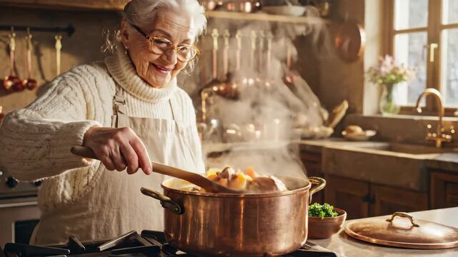 Elderly woman cooking soup in copper pot, showcasing culinary skills and warm atmosphere. Concept of family traditions, comfort food, and homemade meals. Useful for articles on cooking and home life.