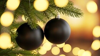 Black christmas ornaments hanging on tree branch
