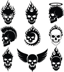 Nine black skull graphic designs with flames and wings
