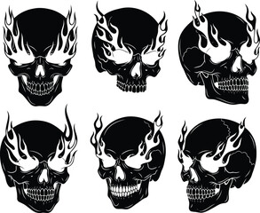 Six black skulls with white flames in different angles