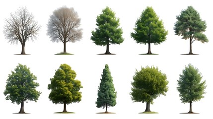 Fototapeta premium Isolated set of green pine trees, forest plants, or a single evergreen tree branch with foliage and trunk against a white background