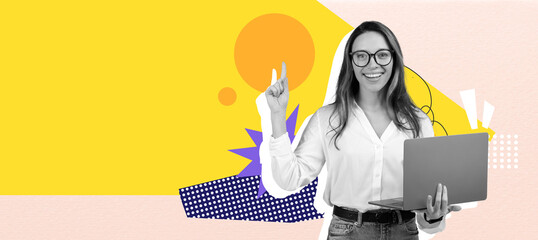 A woman with glasses is smiling while holding a laptop. She raises one finger as if sharing an idea. The background includes playful shapes and vibrant colors, creating an energetic scene.