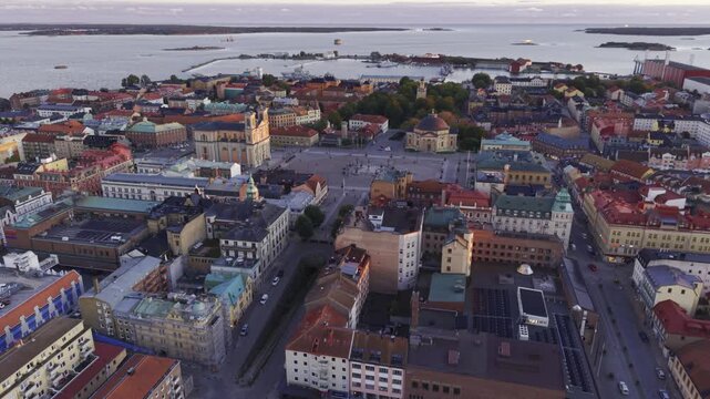 Aerial view of Stortorget and Fredrikskyrkan, a captivating scene with buildings and the sea, creating a stunning skyline, Karlskrona, Blekinge County, Sweden.