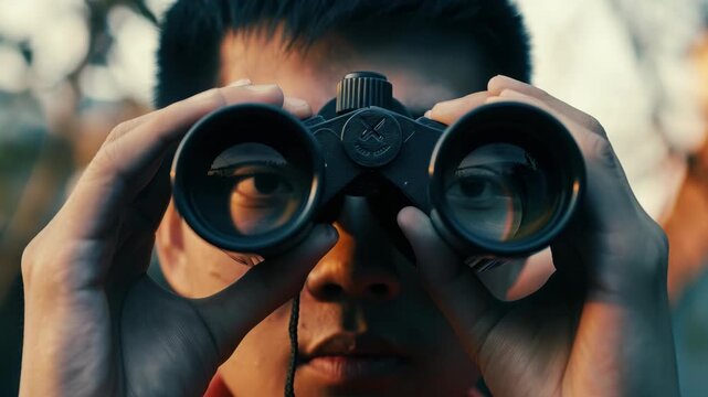 A young man looking through a pair of binoculars in a park or outdoor setting.