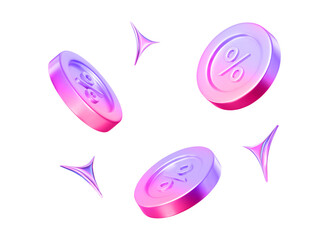 3d flying neon coins with percent sign and holographic stars. Stock vector illustration on isolated background.	