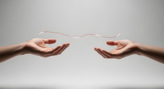 A delicate red thread connects two human hands across space