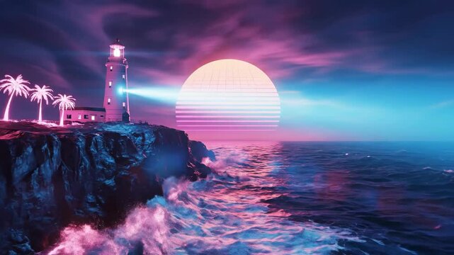 Synthwave Lighthouse Beacon - A Retro-Futuristic Coastal Dreamscape.