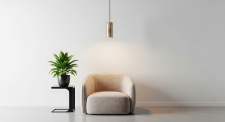 Modern beige armchair with plant and pendant light in minimalist interior design