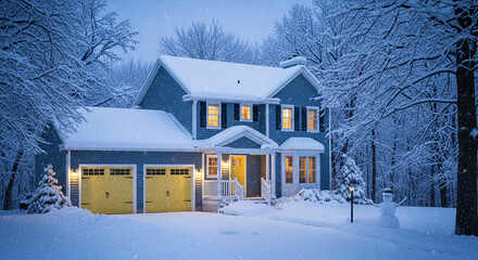 Exterior of blue house with yellow door, snow-covered roof and ground, illuminated windows, and snowman in yard, representing winter holiday season