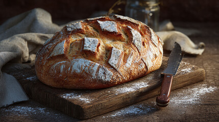 A freshly baked artisan bread loaf, beautifully presented on a wooden cutting board with a knife