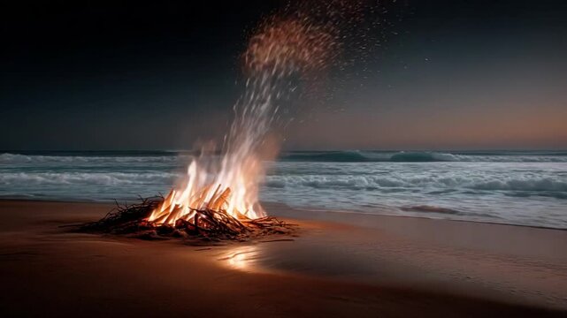 cinematic wide shot of a glowing bonfire on a quiet beach at night, sparks flying into the dark sky, warm firelight reflecting on sand, moody atmosphere, ultra-realistic lighting