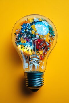 A lightbulb filled with abstract creative elements, glowing on a yellow background, representing business leadership and imaginative solutions