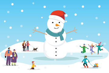 Winter Fun Day: Snowman and Happy People Playing in the Snow 2d flat vector illustration