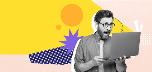 A man with glasses expresses excitement while using a laptop, surrounded by bright colors and...