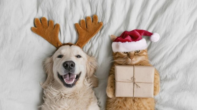 Golden retriever with reindeer antlers and cat in santa hat with gift on bed
