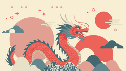 A vibrant illustration of a traditional Chinese dragon with intricate scales and flowing mane, set against a backdrop of stylized clouds and celestial orbs.