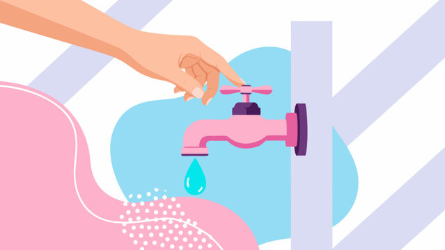 A hand turning off a pink water faucet with a single drop of water falling from it.