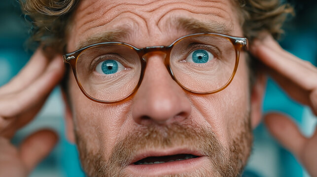 Shocked man with wide open eyes and stressed facial expression