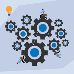 Complex Business Process: Teamwork and Idea Generation in Interconnected Gears 2d flat vector illustration