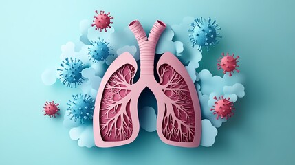 Creative papercutstyle illustration of human lungs and virus particles, layered design showcasing respiratory issues and virus awareness, ideal for medical stock imagery
