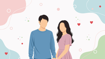 A couple stands together, holding hands, with a soft, abstract background featuring hearts and circles.